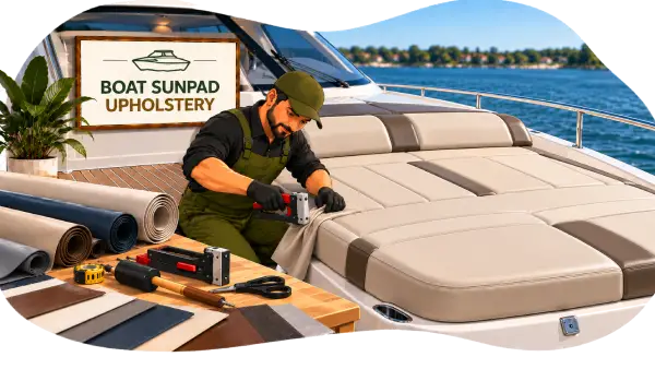 Craftsman fitting custom UV-resistant boat sunpad upholstery in Dubai