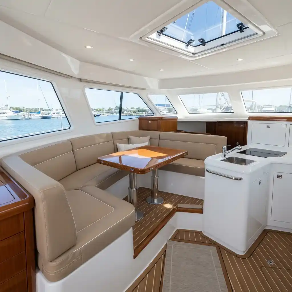 Spacious boat interior saloon with UV-resistant canvas sofa seating Dubai