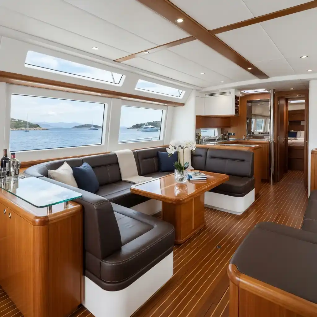 Luxury yacht cabin interior with custom marine-grade leather seating Dubai