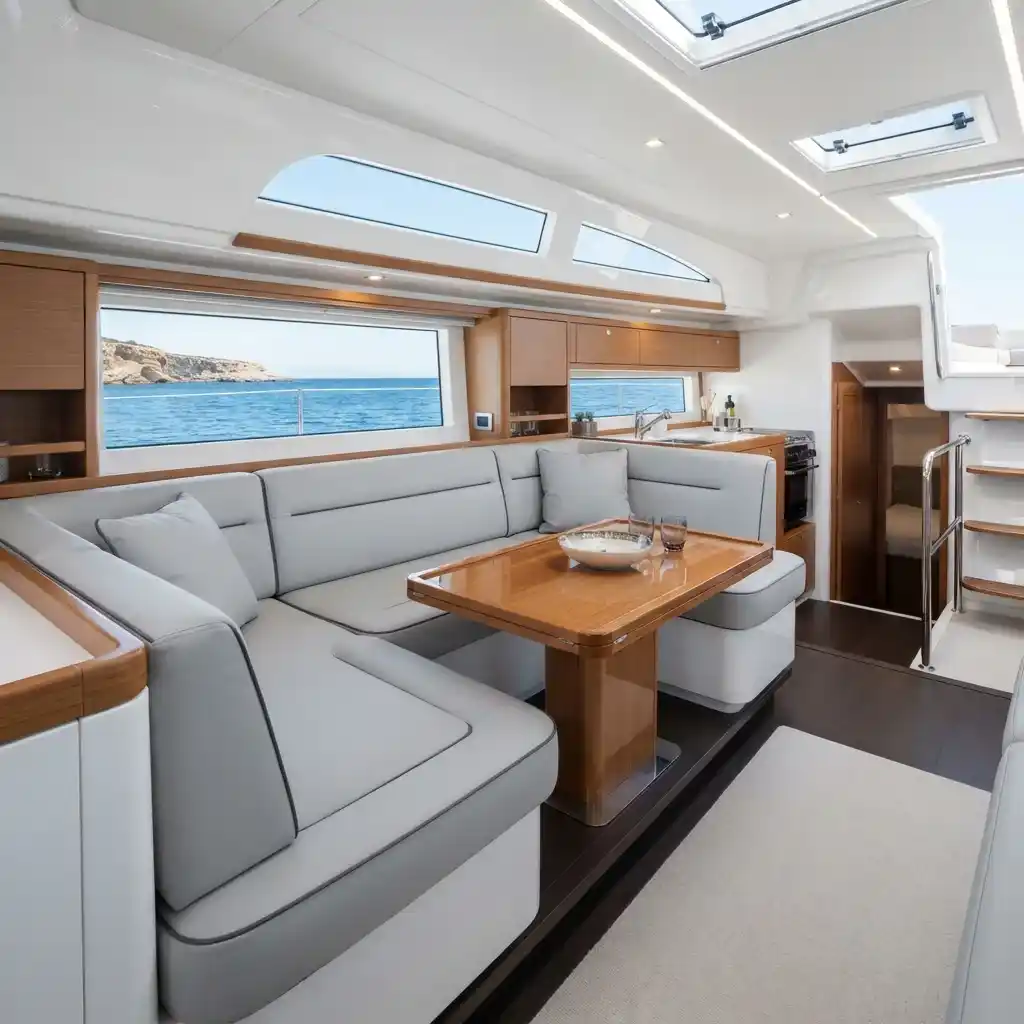 Modern yacht cabin interior with marine-grade vinyl sofa seating Dubai