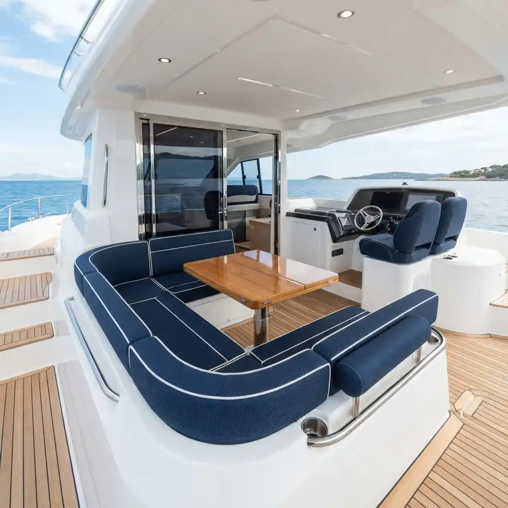 Luxury yacht deck lounge with custom Sunbrella marine upholstery Dubai