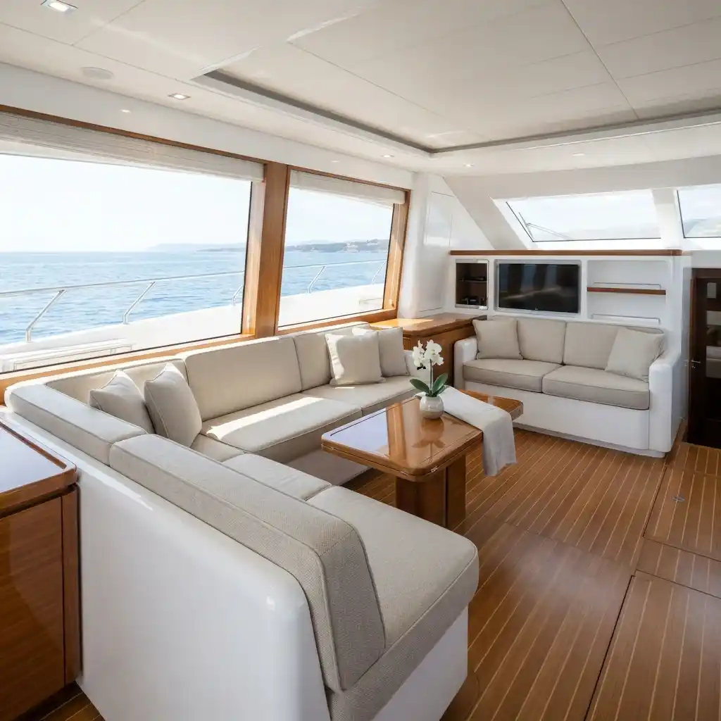 Yacht saloon interior featuring durable outdoor acrylic upholstery seating Dubai