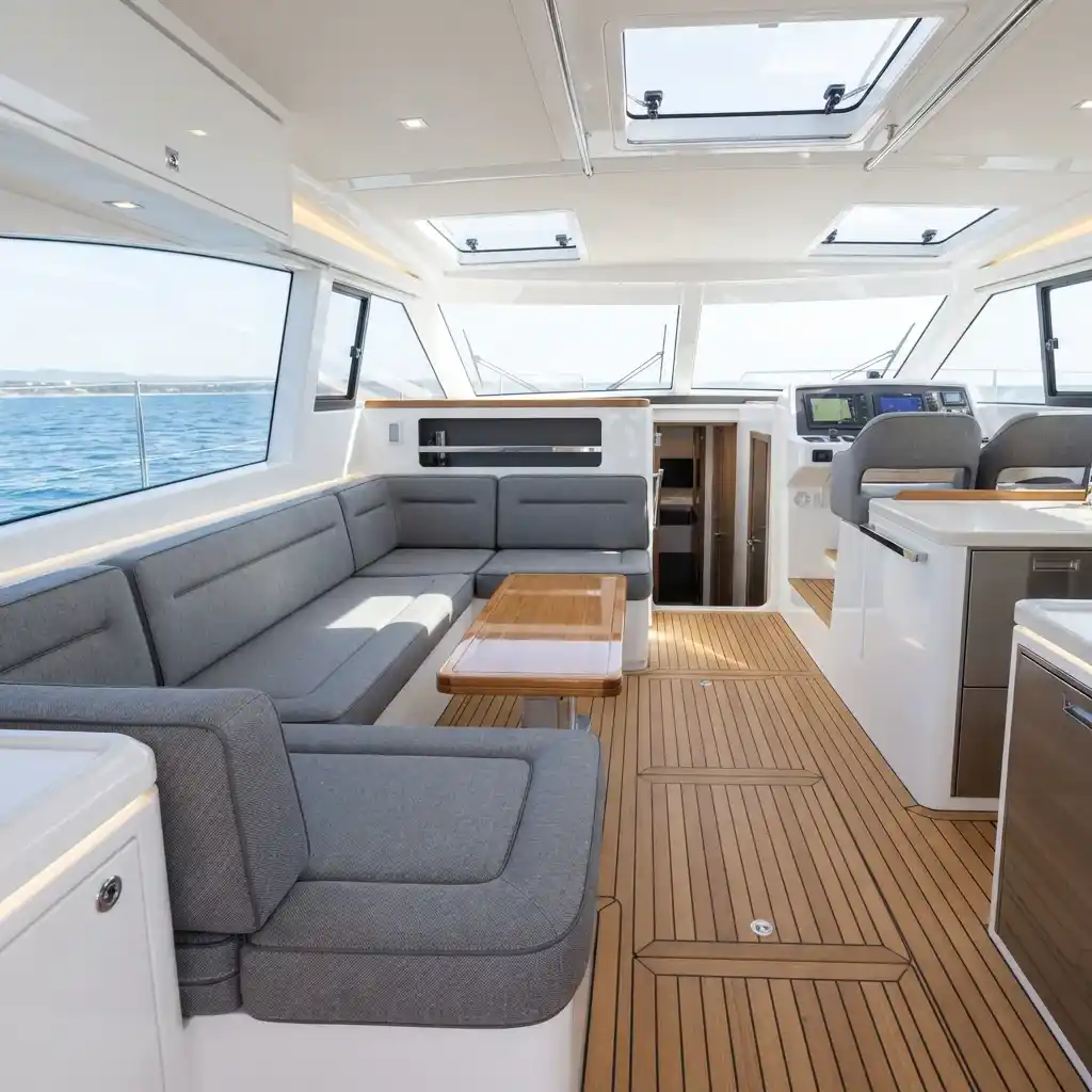 Modern boat saloon interior with spacious custom leather seating Dubai