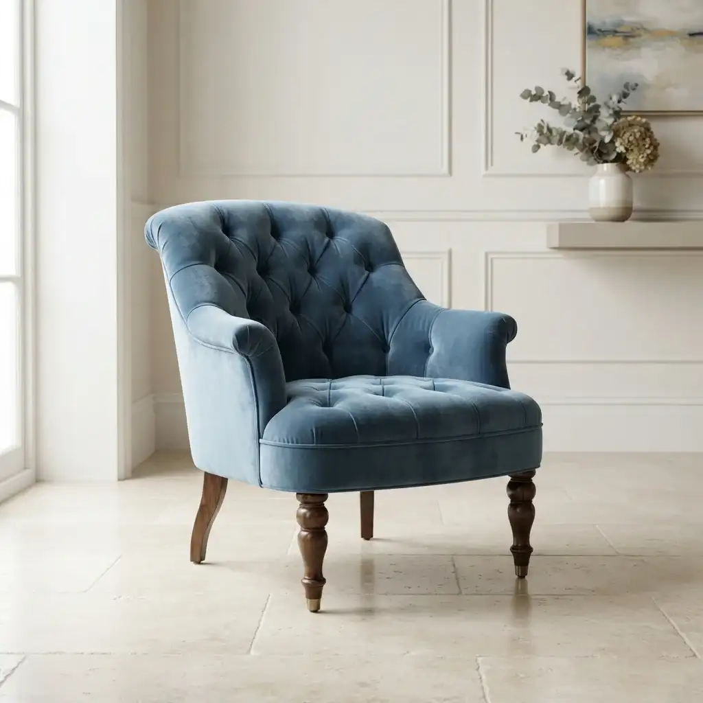Blue tufted armchair
