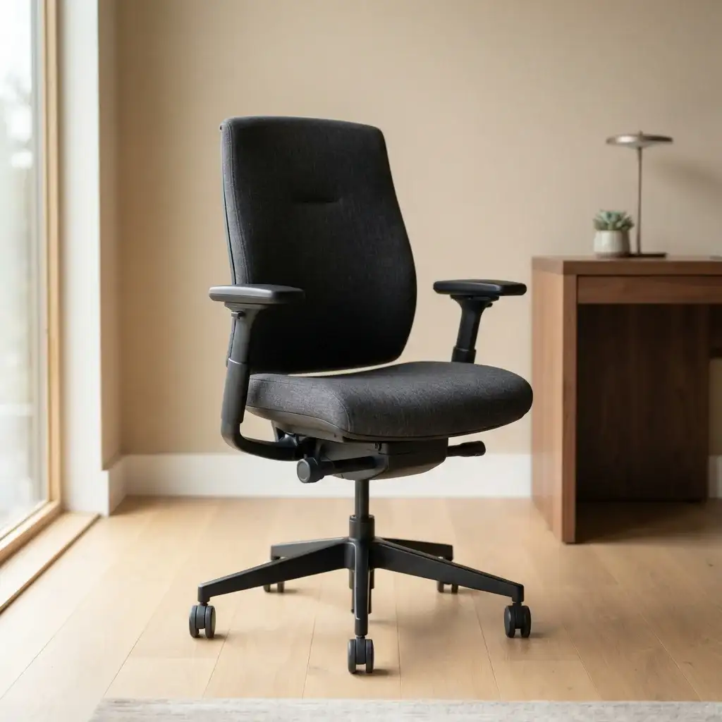 Black executive office chair with reupholstered seat and backrest