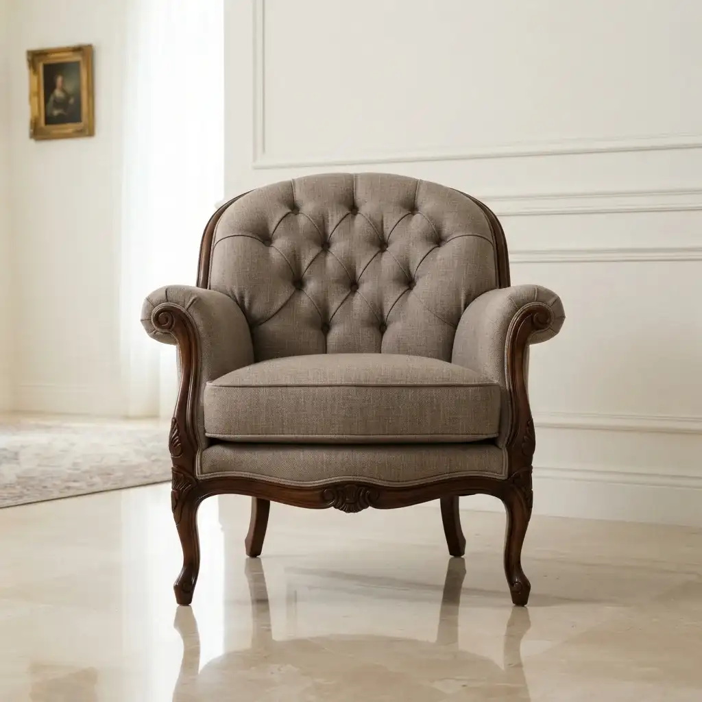 Grey tufted armchair with reupholstered fabric