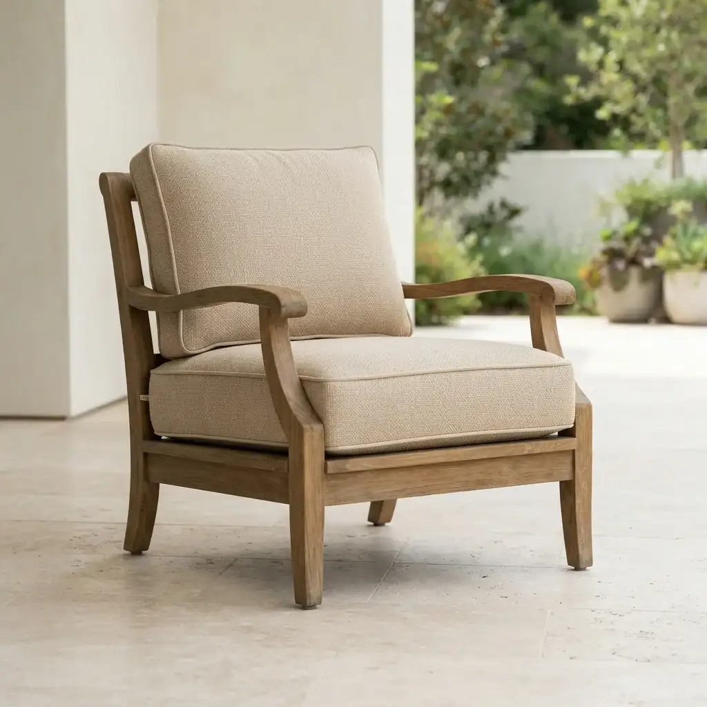 Beige accent chair with wooden frame