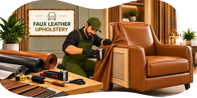 Craftsman working on faux leather armchair upholstery repair in workshop