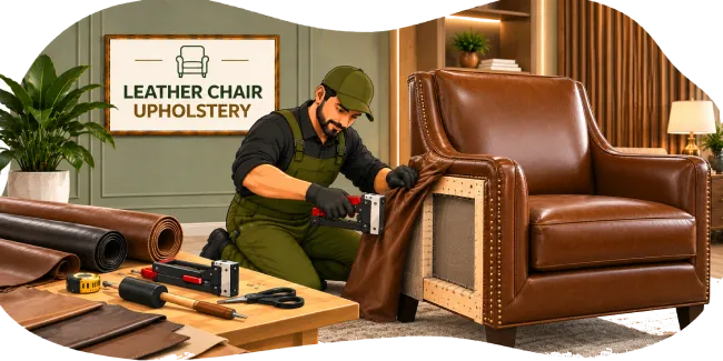 Craftsman repairing a brown leather armchair in an upholstery workshop