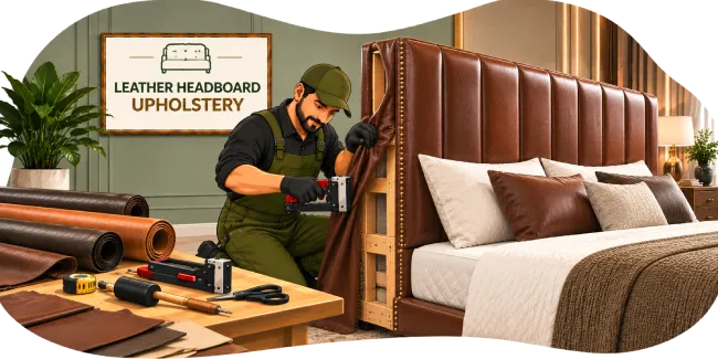 Craftsman installing custom brown leather headboard upholstery in Dubai bedroom
