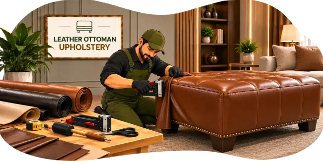 Craftsman working on brown leather ottoman upholstery repair in a workshop