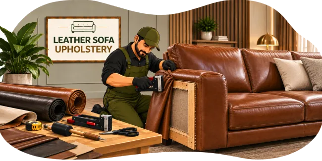 A craftsman repairing brown leather upholstery on a sofa in a workshop setting
