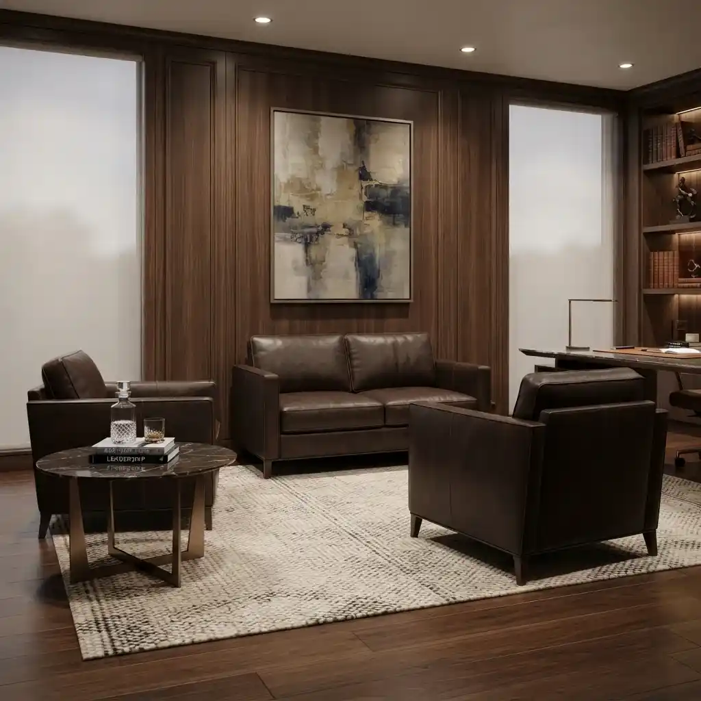 Modern executive office interior featuring a dark leather sofa set and wooden wall paneling