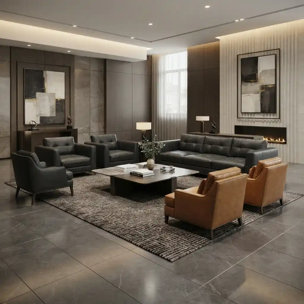 Luxury living room interior featuring leather sofas and armchair seating set