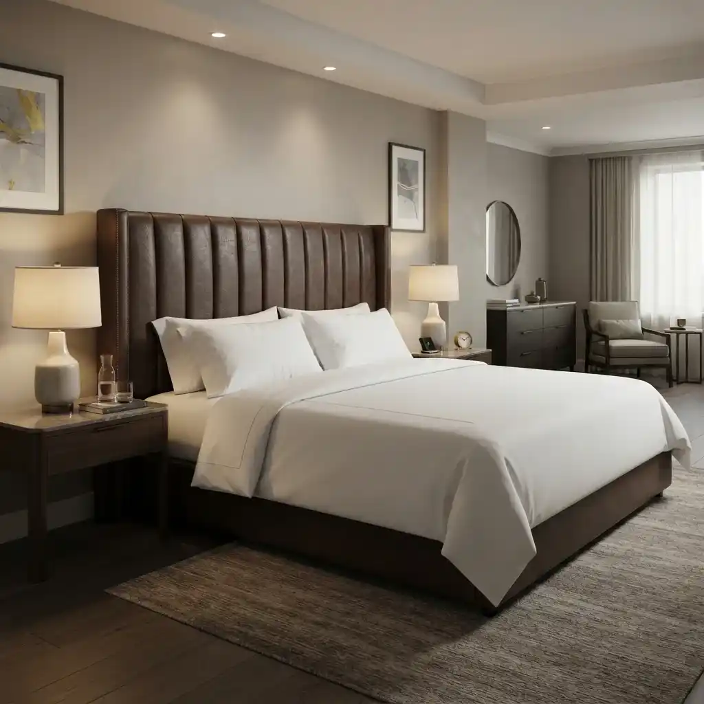 Modern bedroom interior with a leather headboard bed frame and warm ambient lighting