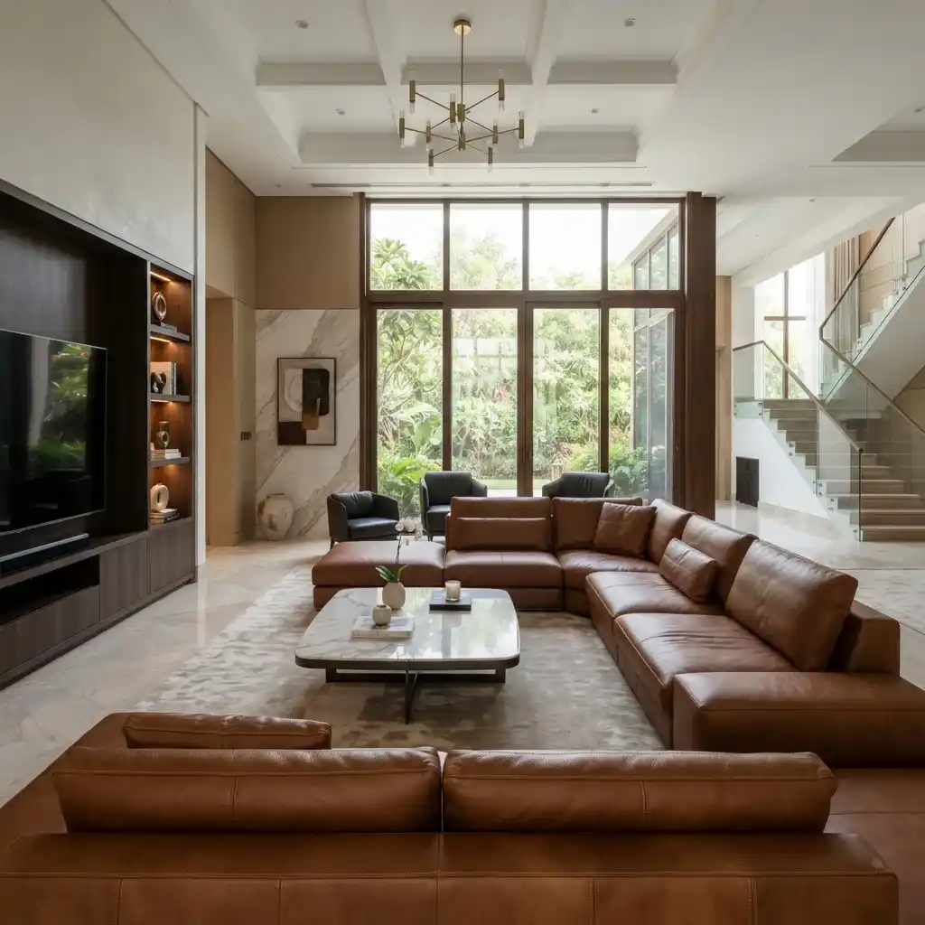 Large L-shaped brown leather sectional sofa in a spacious luxury living room