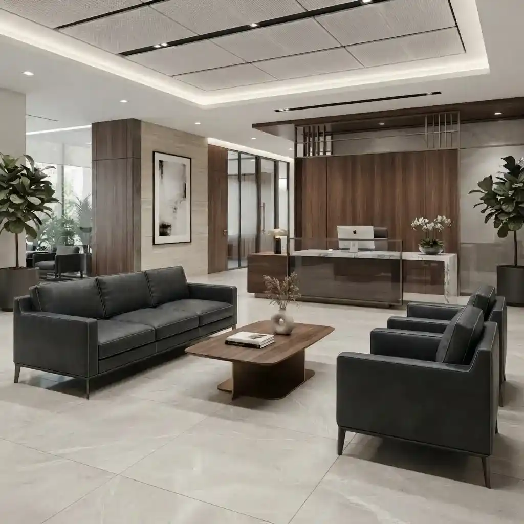 Modern black leather reception sofa set in an office lounge interior