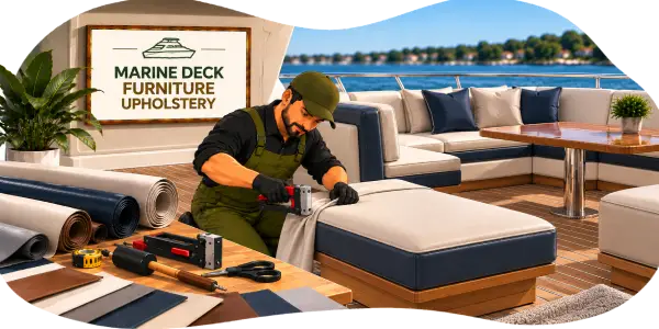 Craftsman repairing and fitting custom marine deck furniture upholstery in Dubai