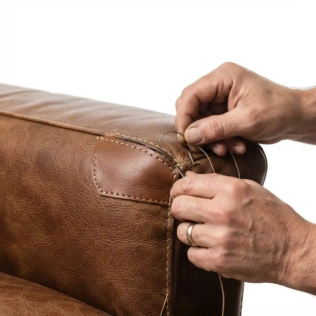 Upholsterer fitting genuine leather on a sofa armrest
