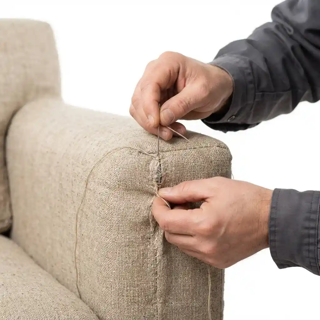Upholsterer fitting linen on a sofa armrest