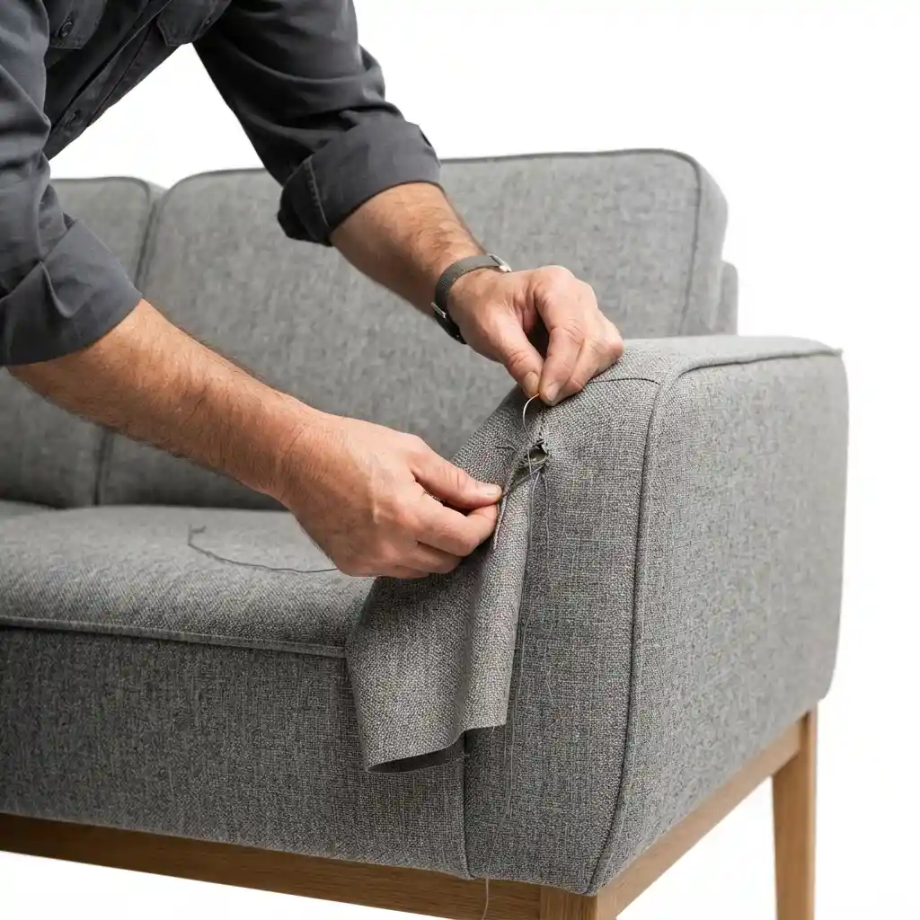 Upholsterer fitting polyester on a sofa armrest