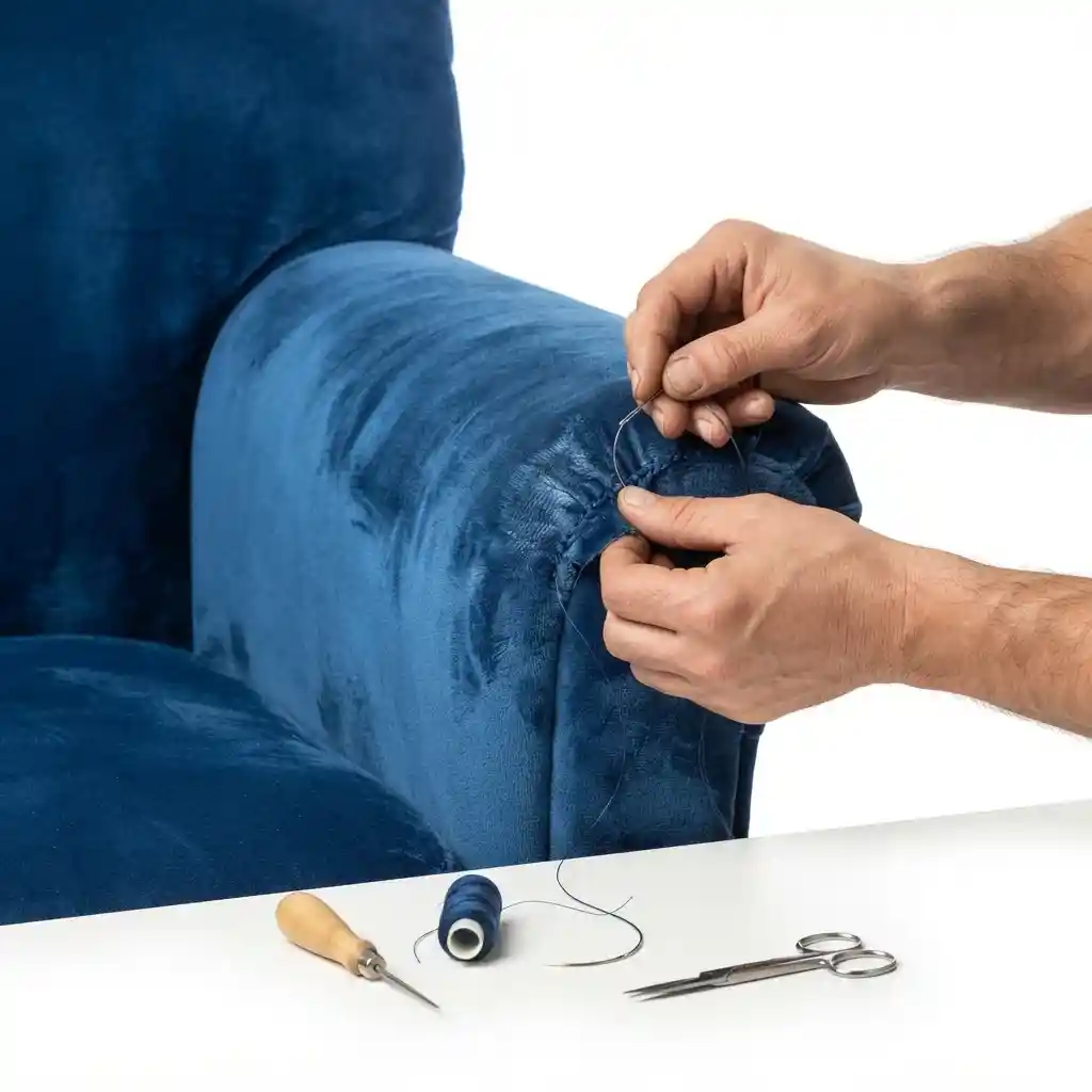 Upholsterer fitting velvet on a sofa armrest