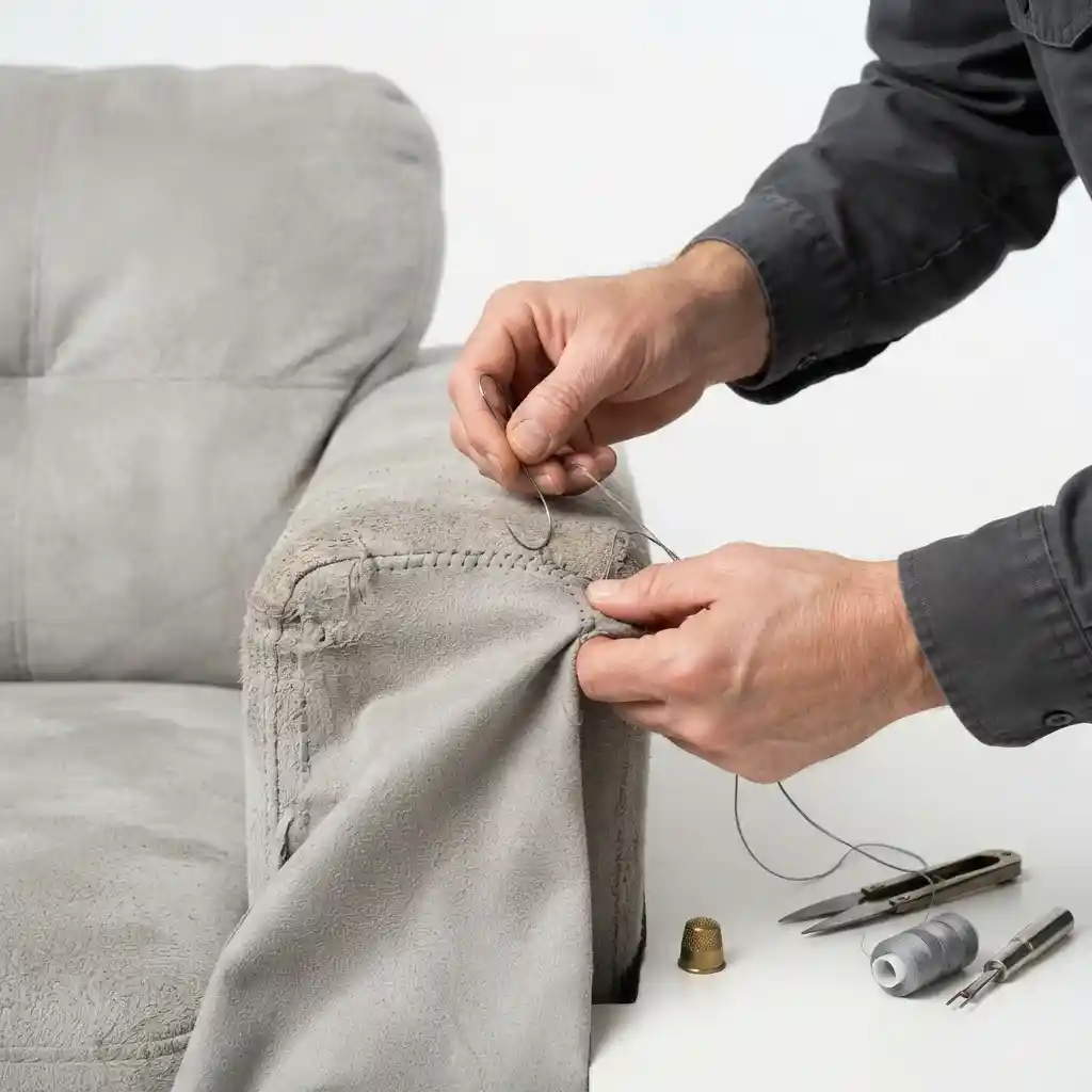 Upholsterer fitting microfiber on a sofa armrest