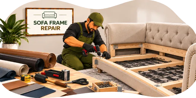 Craftsman repairing a wooden sofa frame