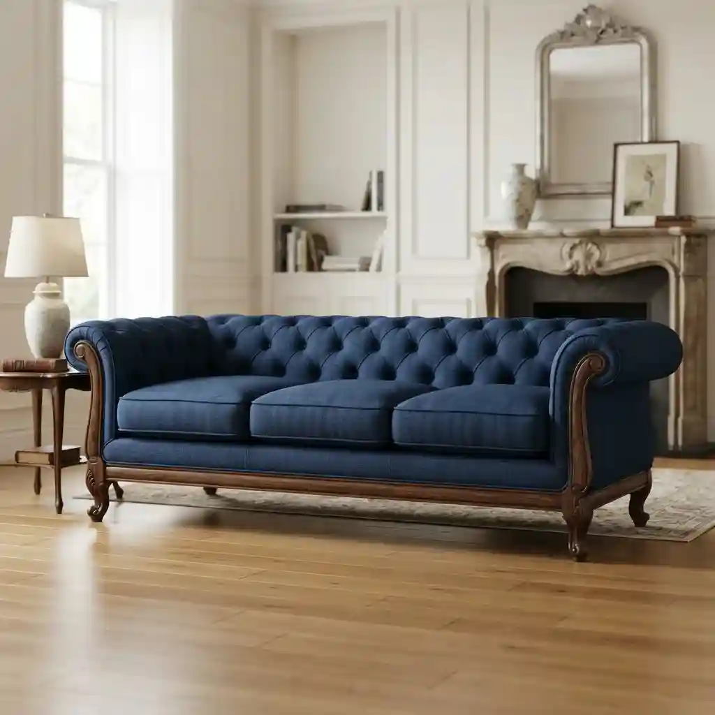 Blue tufted three-seater sofa in a living room