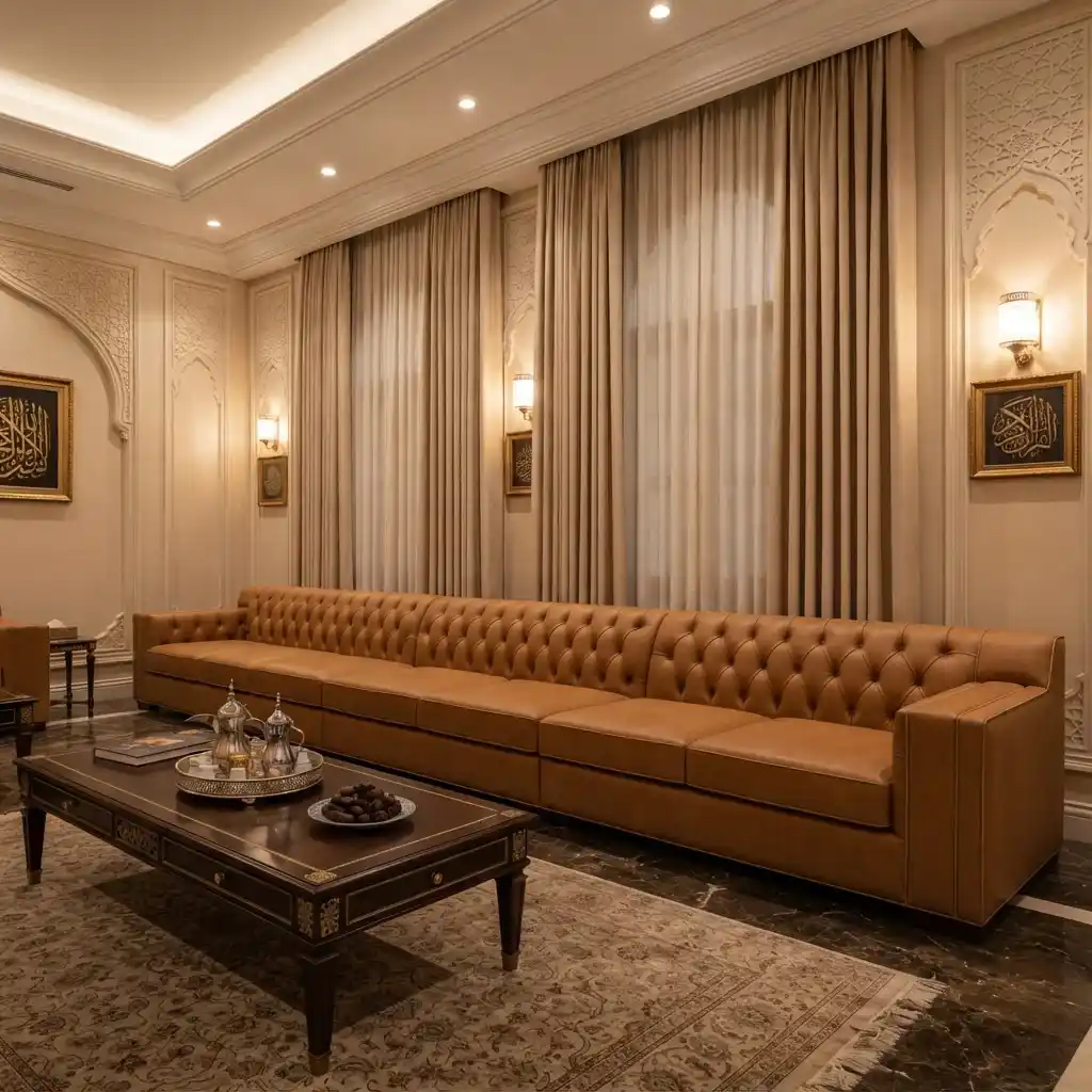 Long camel brown tufted leather sofa in luxury living room Dubai