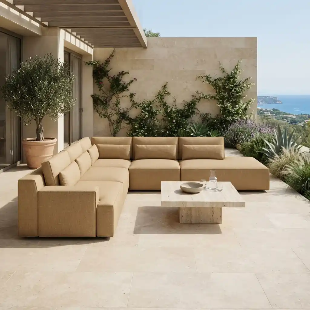 Tan outdoor L-shaped sectional sofa upholstery Dubai