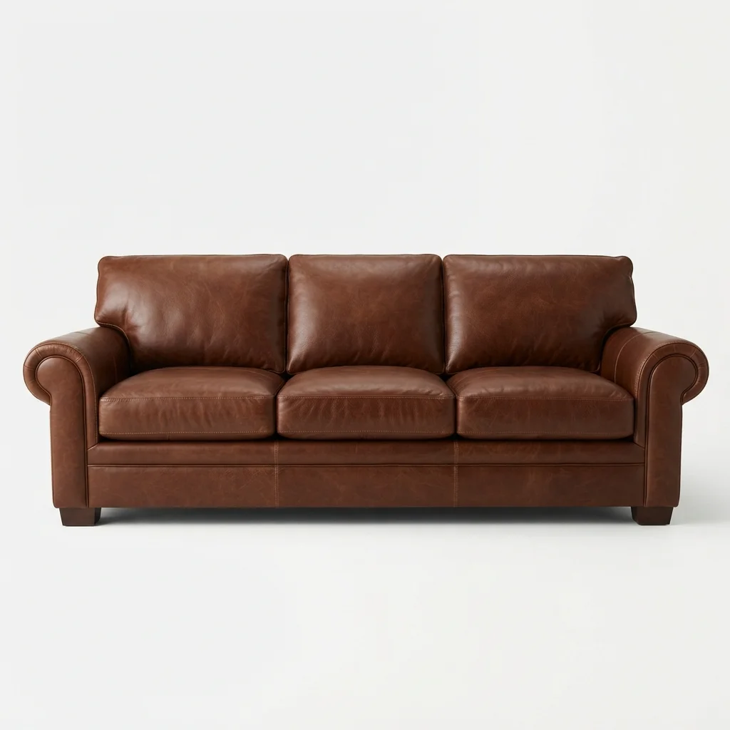Chestnut brown leather three-seater sofa upholstery Dubai