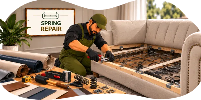Technician repairing the exposed springs of a sofa