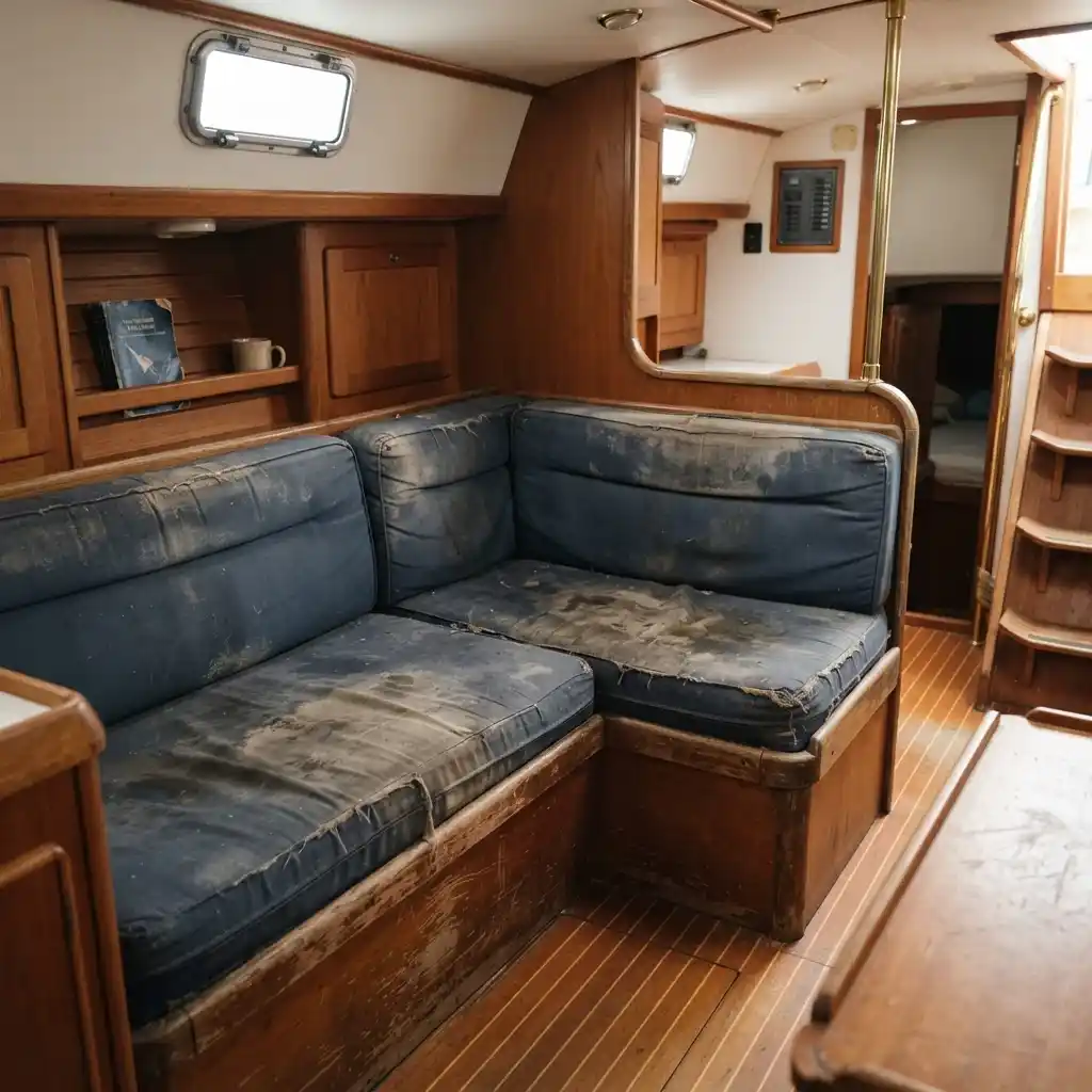 Worn marine boat seating before upholstery restoration