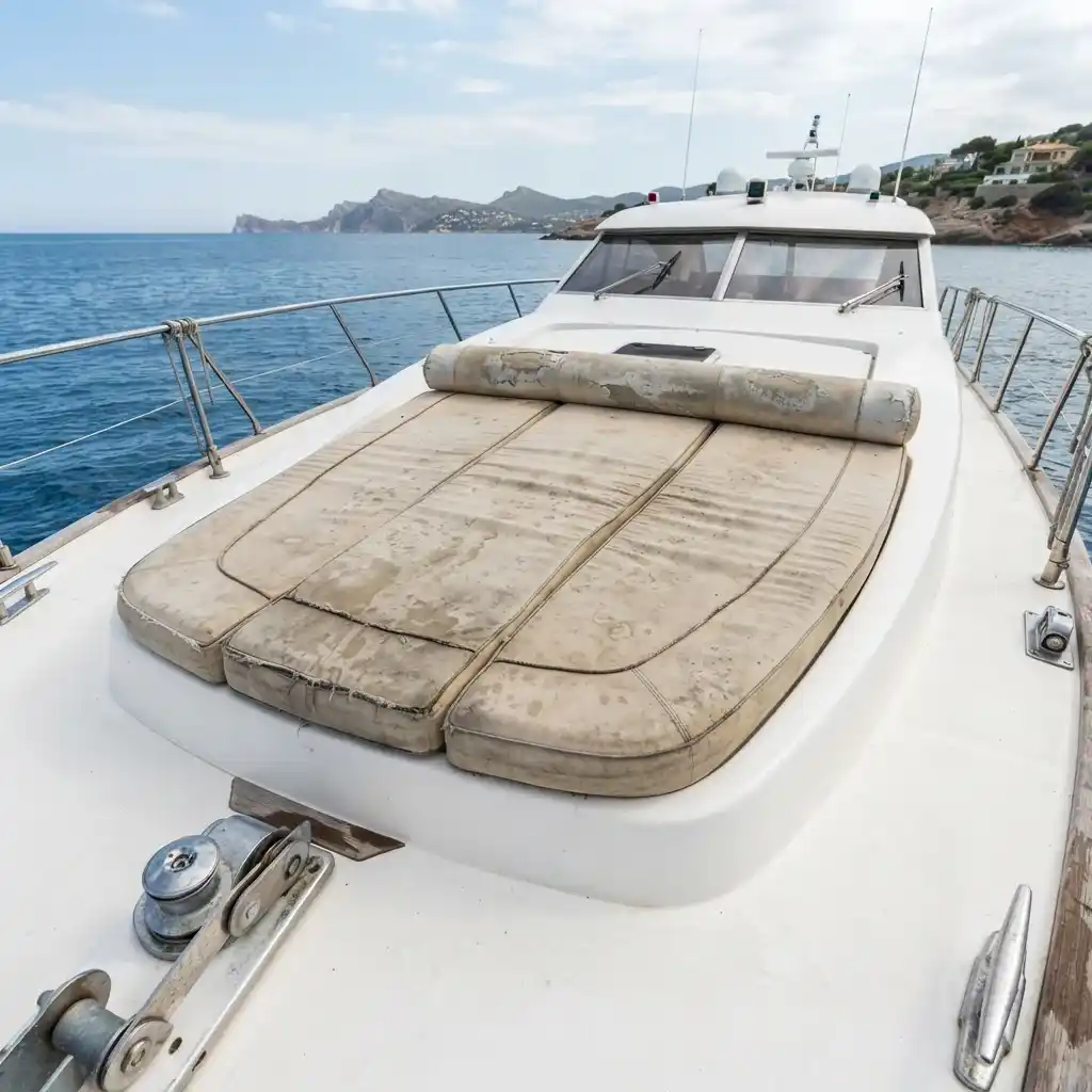 Worn boat upholstery before restoration