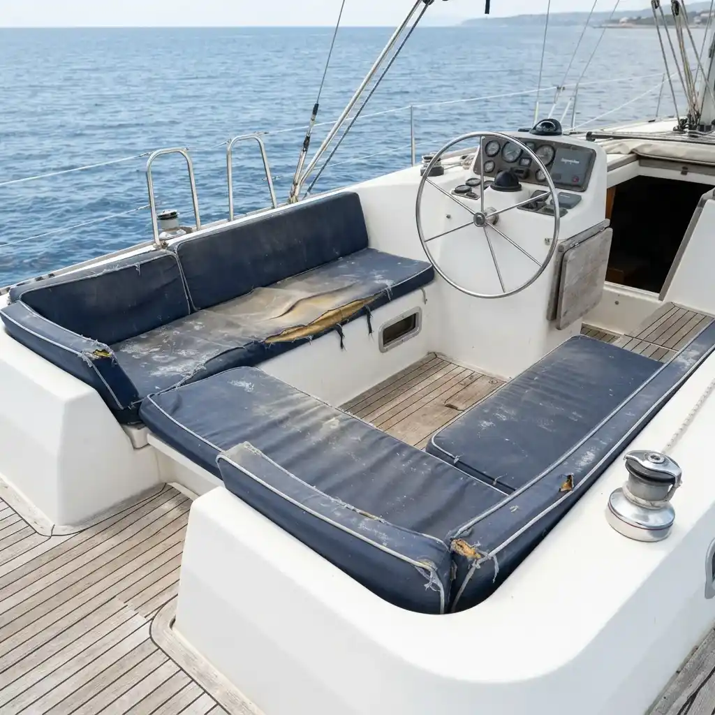 Damaged boat seats before upholstery repair
