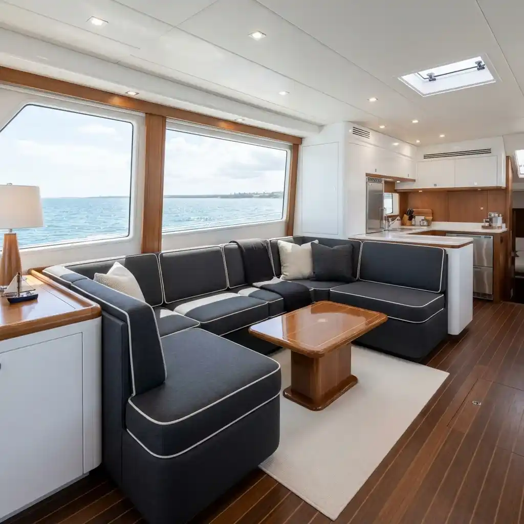 Restored marine boat seating after upholstery