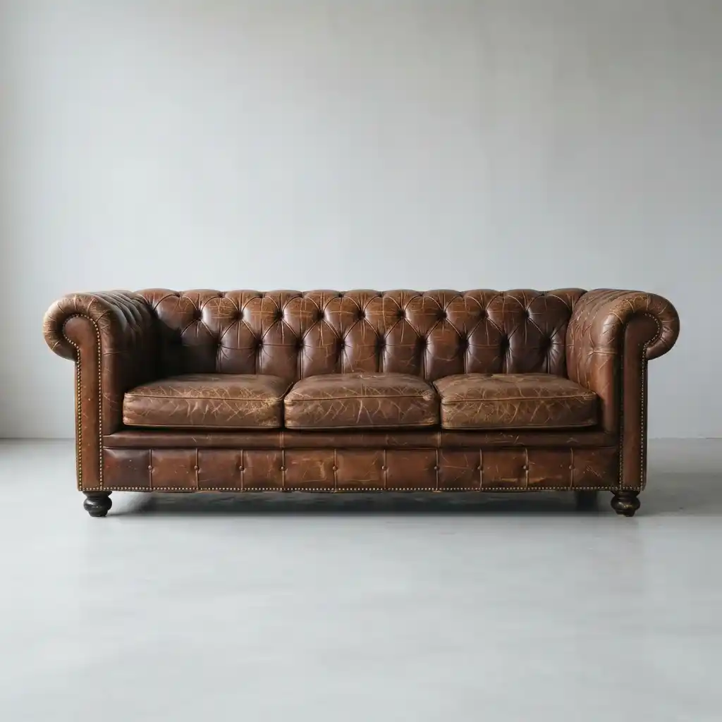 Worn leather sofa before upholstery restoration