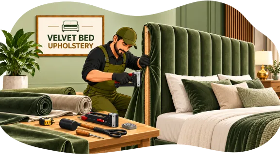 Green velvet upholstered bed headboard being fitted by craftsman in Dubai