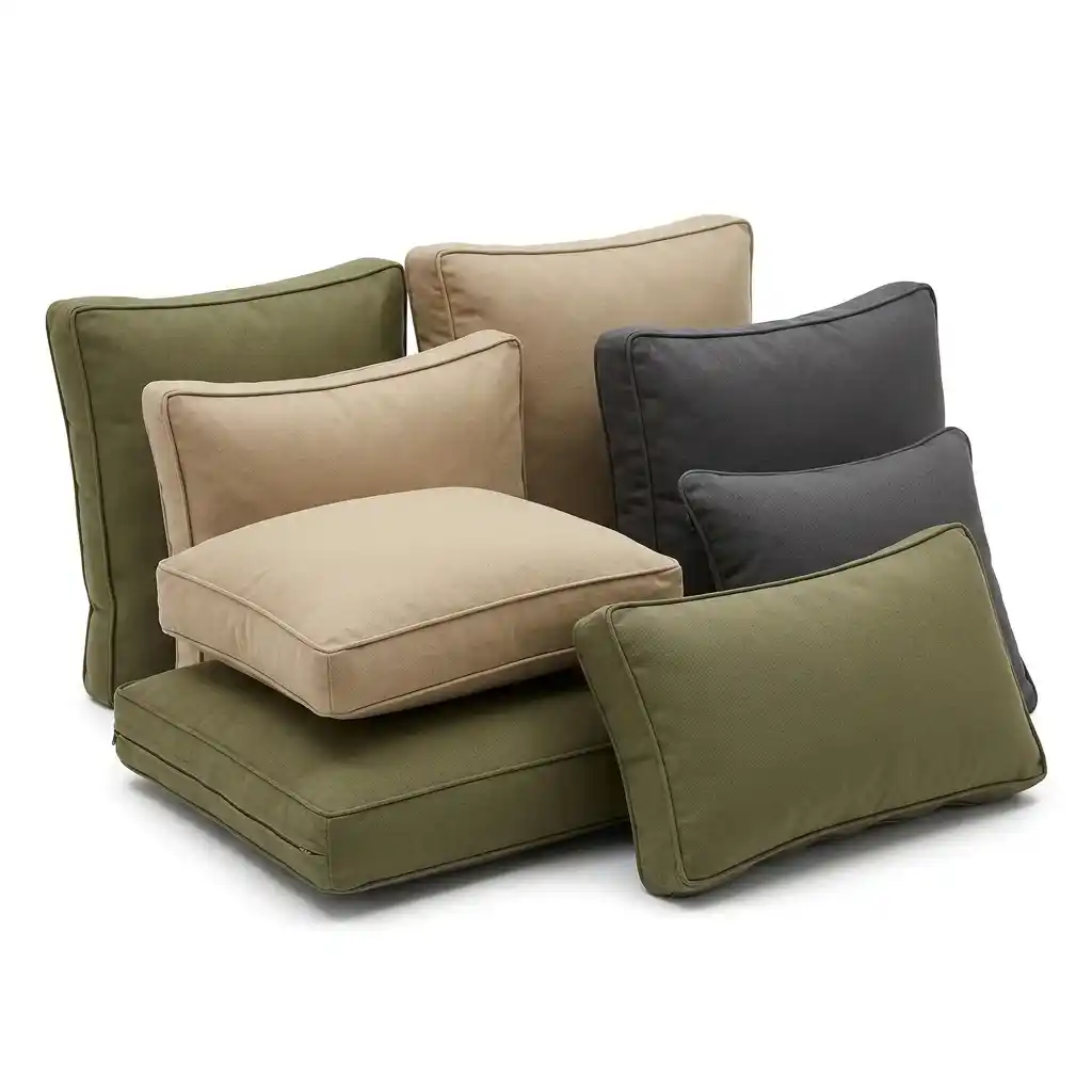 Stacked gray canvas cushions showing durable canvas fabric