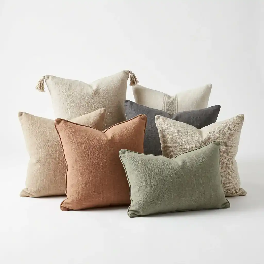 Stacked beige cotton cushions showing natural cotton fabric