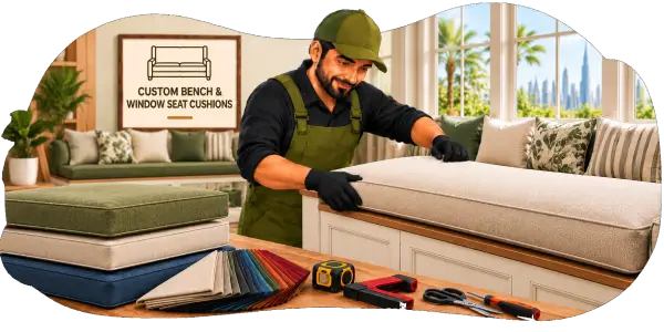 Illustrated craftsman fitting a white bench and window seat cushion in a workshop
