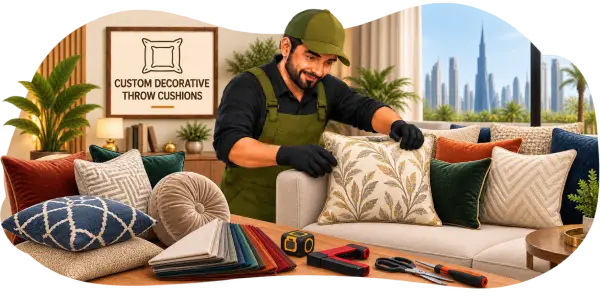 Illustrated craftsman stitching decorative throw cushions in a workshop