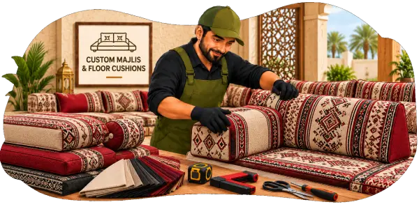 Illustrated craftsman making red patterned majlis floor cushions in a workshop