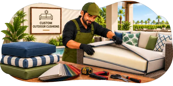 Illustrated craftsman sewing blue and white striped outdoor cushions in a workshop