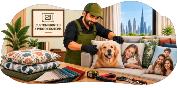 Illustrated craftsman creating printed and photo cushions in a workshop