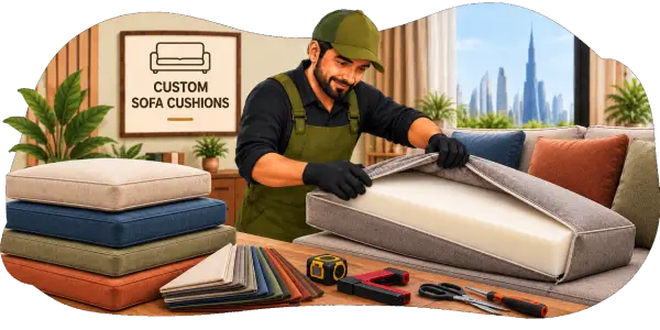 Illustrated craftsman upholstering a custom sofa cushion in a workshop