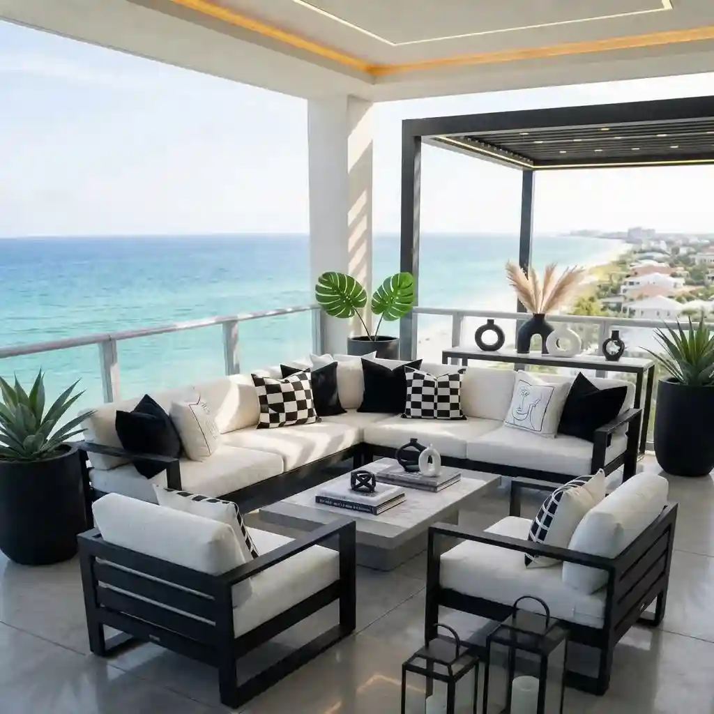 Custom white outdoor lounge cushions on a seaside balcony terrace in Dubai