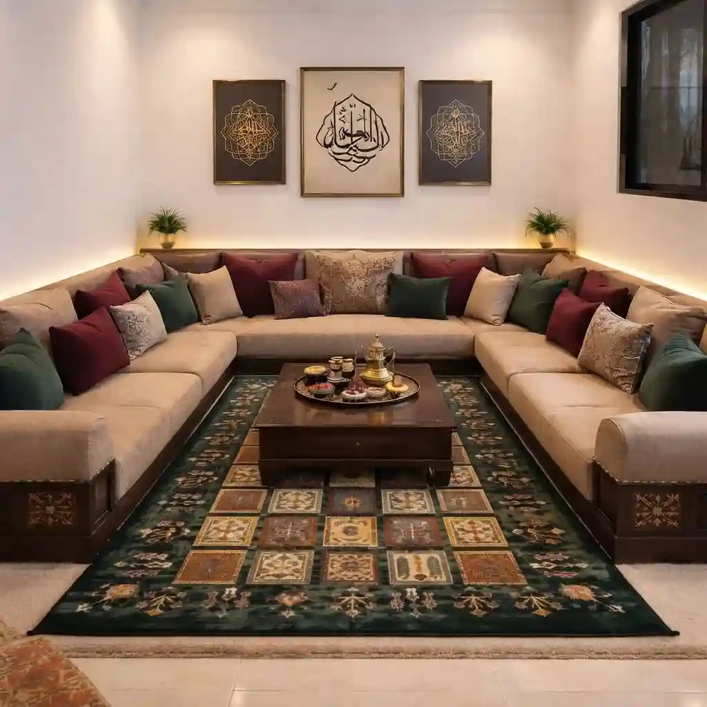 Custom traditional majlis floor seating cushions with red and green accents in Dubai