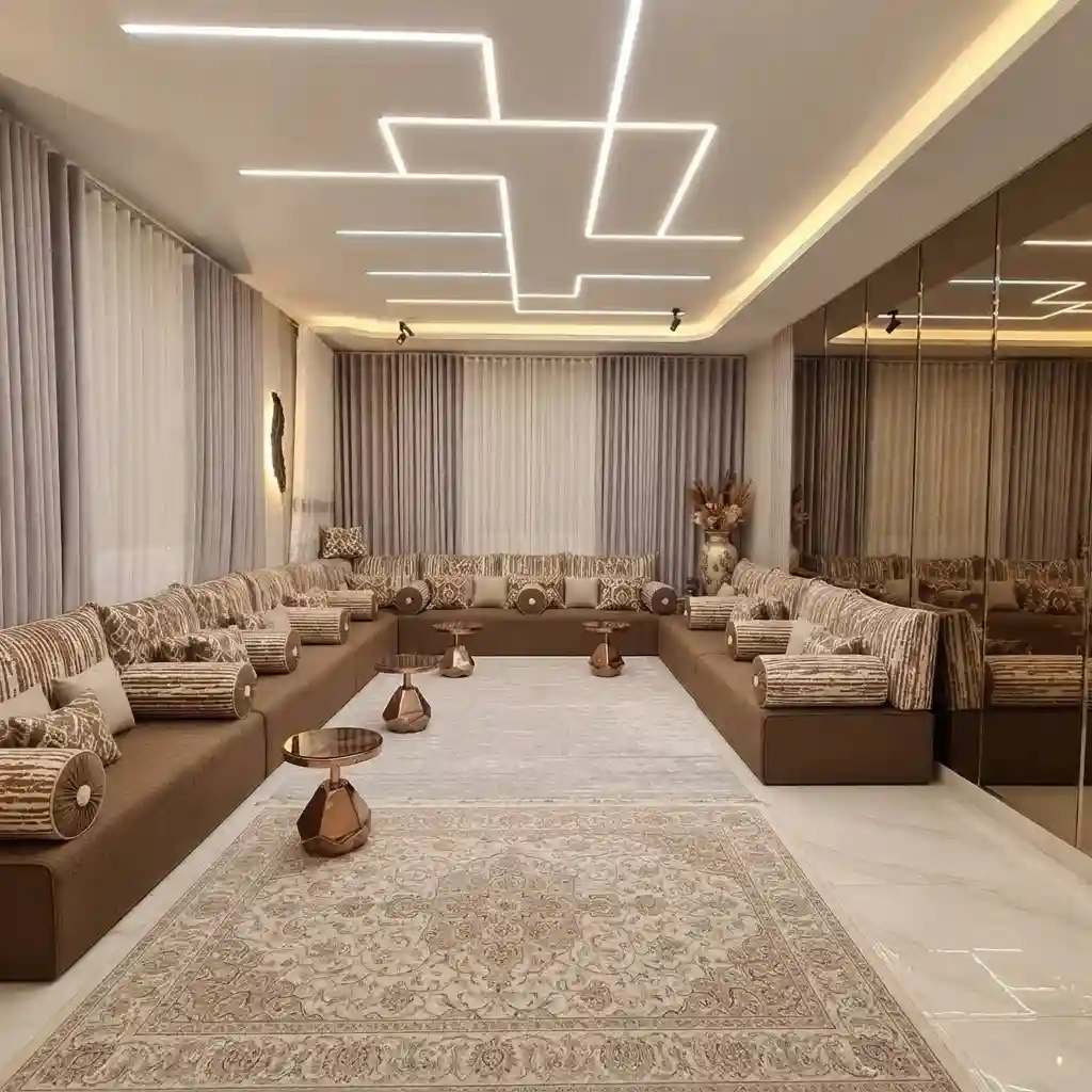 Custom majlis floor seating cushions in a large Dubai majlis hall
